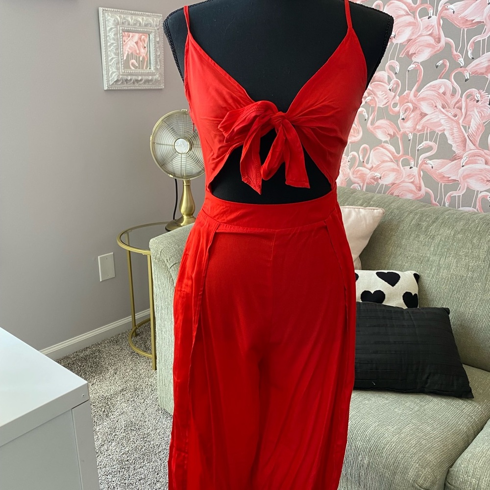 SHEIN Red tie Long pants romper with slits on both sides of the pants size XS